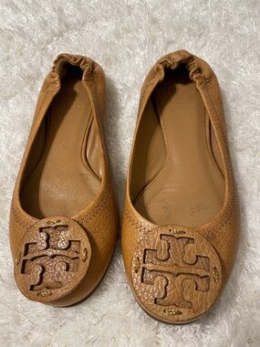 Tory Burch Cognac Leather Logo Ballet Flats Size 5 Used Great Condition